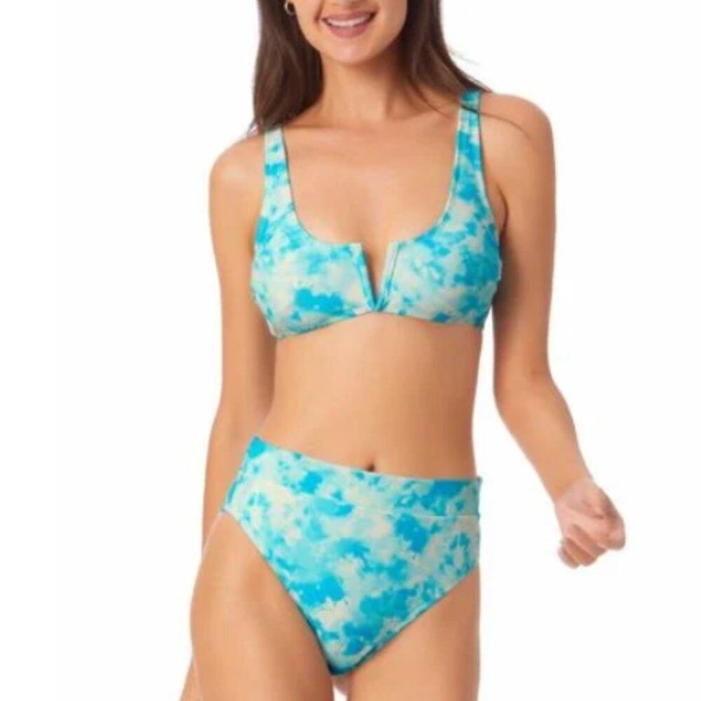 California Waves Tie-Dyed High-Waist Bikini Bottoms in Blue Cabana NWT S…